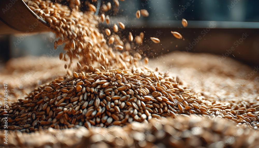 Obraz premium Pouring wheat or barley seeds into a large pile after a successful harvest. Concept of food supply, agribusiness, and commodity trading
