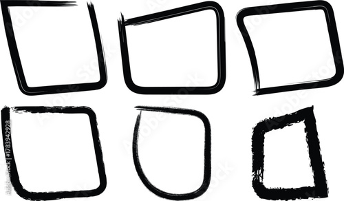 Collection of six hand drawn rough square and rectangular frames with textured brush strokes isolated on transparent background