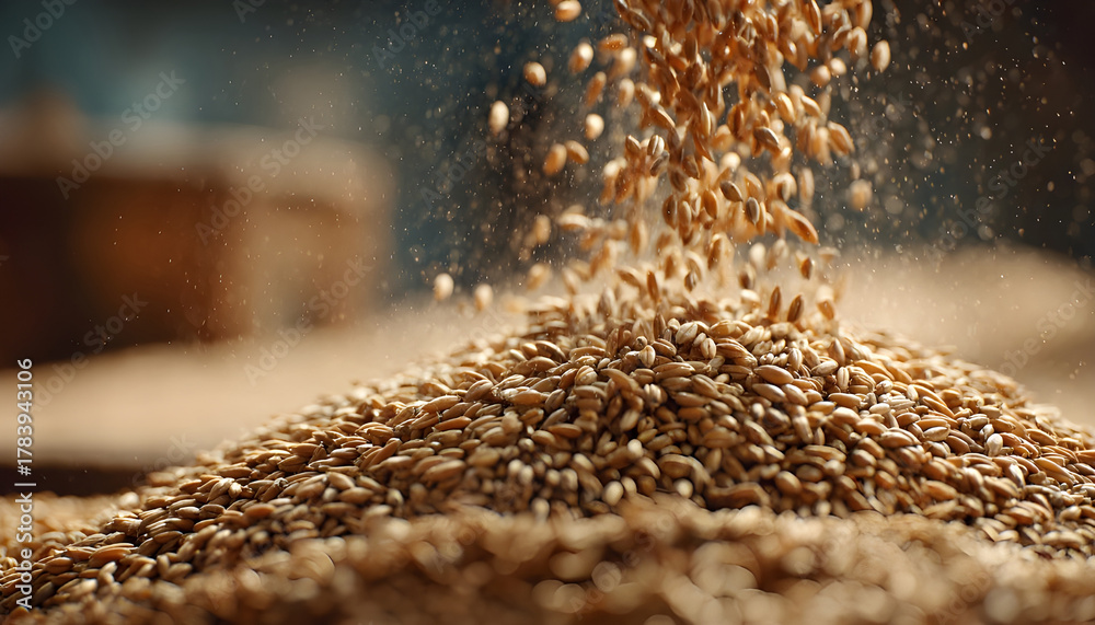 Obraz premium Pouring wheat or barley seeds into a large pile after a successful harvest. Concept of food supply, agribusiness, and commodity trading