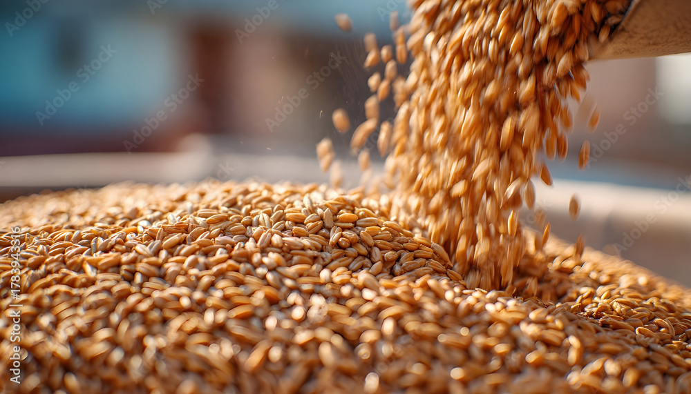 Obraz premium Pouring wheat or barley seeds into a large pile after a successful harvest. Concept of food supply, agribusiness, and commodity trading