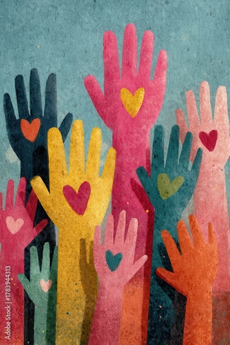 Colorful raised hands with hearts symbolize unity, community, and support for all