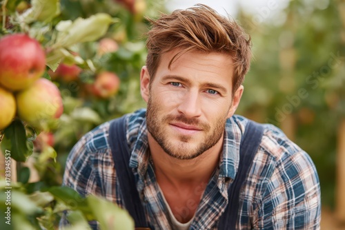 Portrait of a handsome young man with a beard, smiling in a sunny apple orchard.