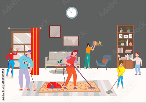 Indoor Home Workout — Family Exercising cleanig Together Vector