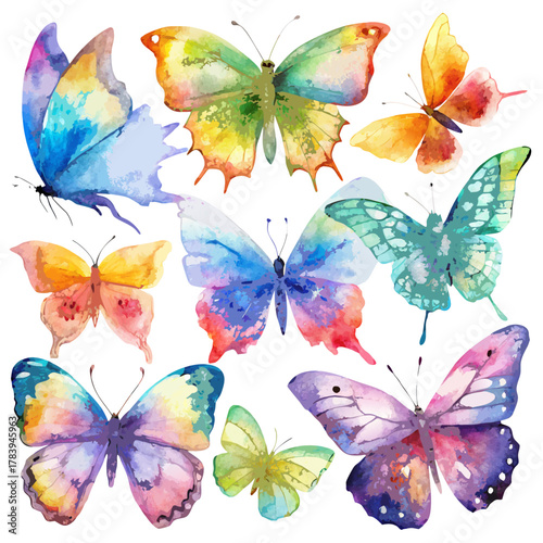 Watercolor illustration, vibrant colors, collection of artistic butterflies, white background