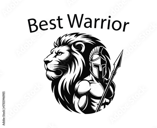 Majestic lion warrior wearing helmet holding spear spartan.