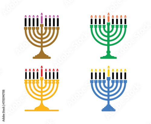 Set of menorahs with lit candles in various colors light flame.
