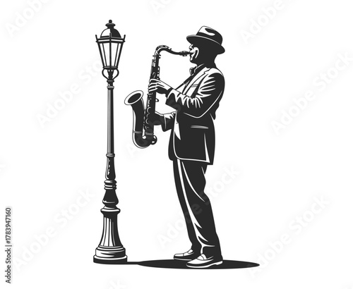Musician playing saxophone next to vintage lamppost jazz.