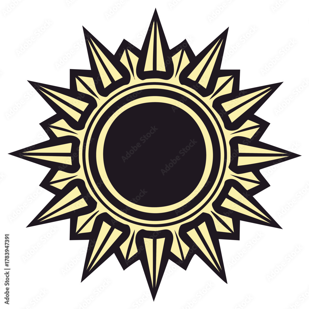 Naklejka premium Stylized Sunburst Ornament with Geometric Rays and Dark Circular Center