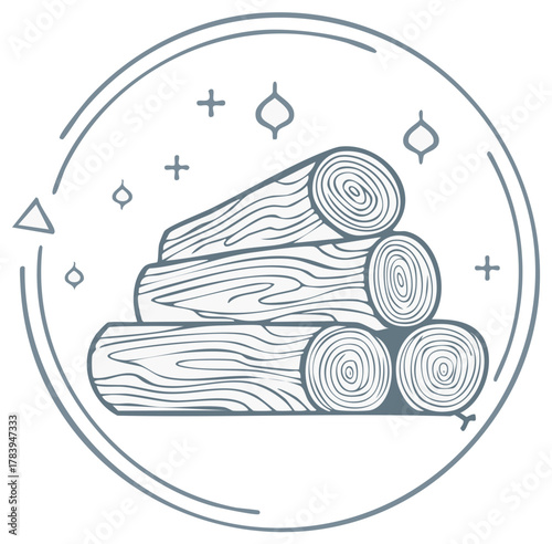 Stack of firewood logs and abstract decorative elements inside a circle outline