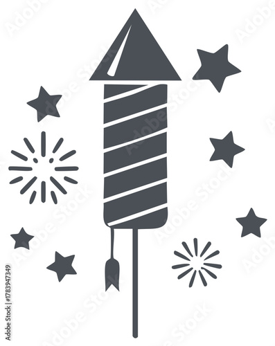 Festive firework rocket icon with stars and explosion bursts celebrating holidays and special events