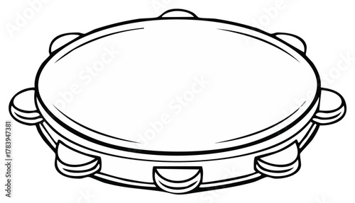 Simple monochrome outline drawing of a traditional musical tambourine with jingles and cymbals