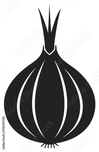 Black monochromatic icon of a fresh onion bulb with growing sprouts and roots