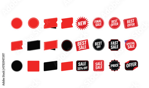 Set of red and black sale offer and price tag graphics discount, sale, offer, price, tag, promotion, new, final, best, fast, special.