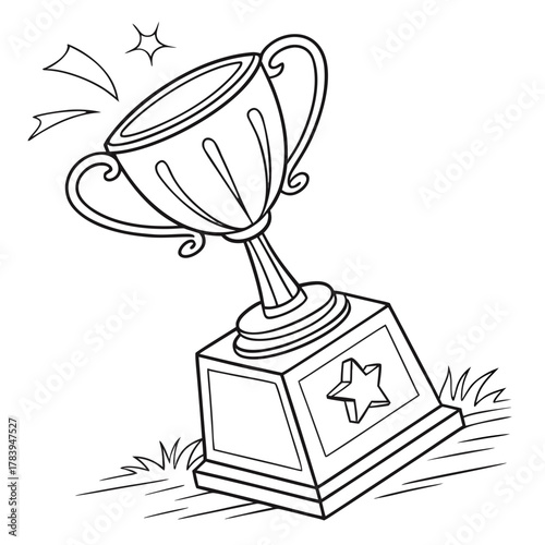 Black and white contour pencil drawing in cartoon style of a shiny winner's cup standing on a pedestal with a star. An outline of the triumph of hard work and unbending ambition.