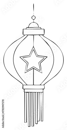 Hand drawn illustration of a star lantern with tassel detail and decorative top element