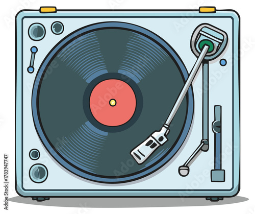 Turntable Illustration with Vinyl Record and Stylus Arm in Light Blue Square Design