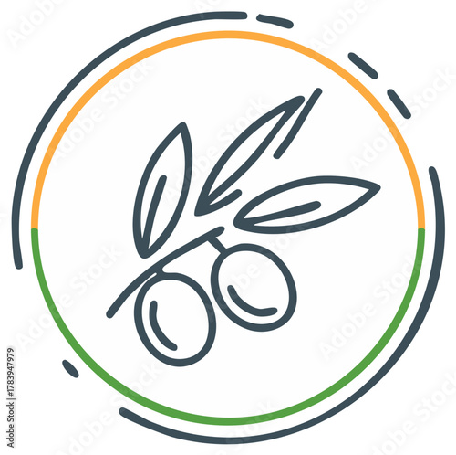 Illustration of olive branch with olives and leaves inside a colorful circle