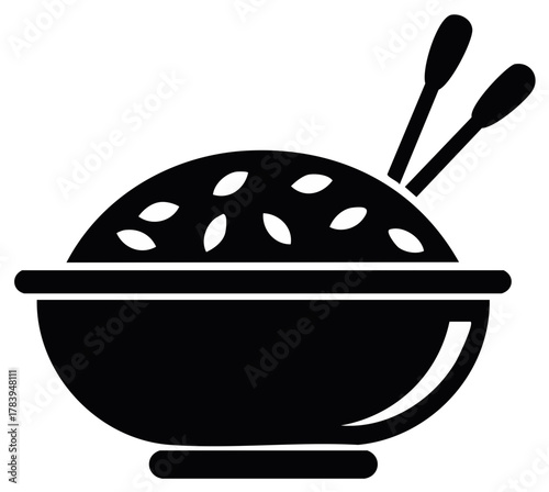 Black and white illustration of a bowl of rice and chopsticks