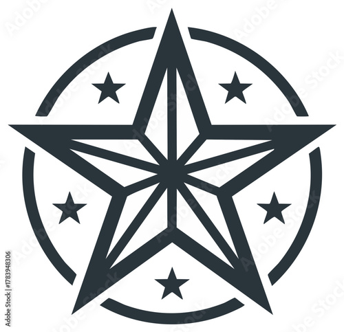 Abstract five pointed star design with intricate lines inside a circle and satellite stars