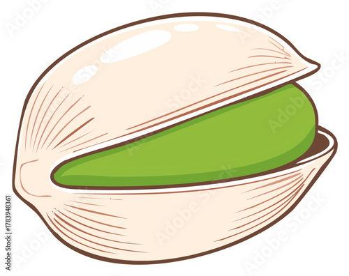 Fresh green pistachio nut cracking open revealing healthy snack inside vibrant illustration