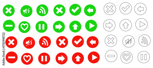 Comprehensive Collection of Common UI Icons in Green Red and Outline Designs for Diverse Applications including Web Development Mobile Apps and Graphic Design Projects