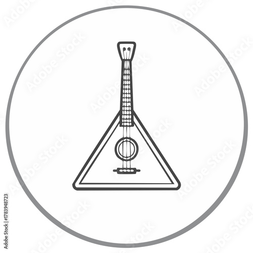 Outline illustration of a triangular stringed musical instrument within a circle