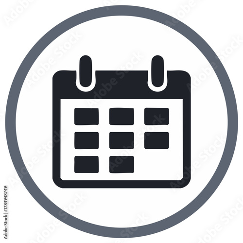Simple dark blue calendar icon inside a grey circle outline representing scheduling and time management