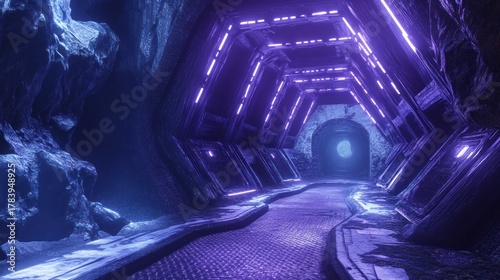 Fototapeta Naklejka Na Ścianę i Meble -  Abstract tunnel illuminated in shades of blue and purple