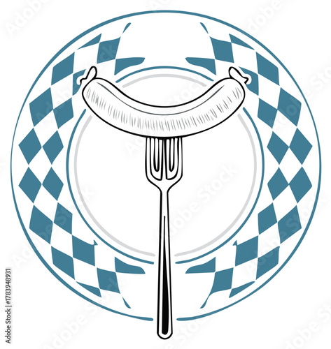 Sausage on Fork Over Plate with Blue Diamond Pattern