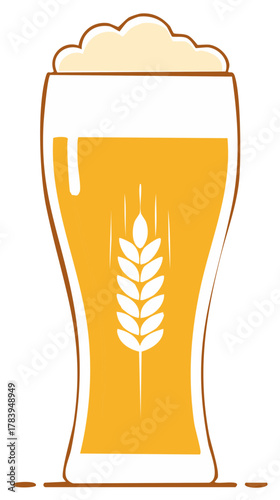 Stylized golden beer glass with frothy white foam and prominent wheat stalk illustration