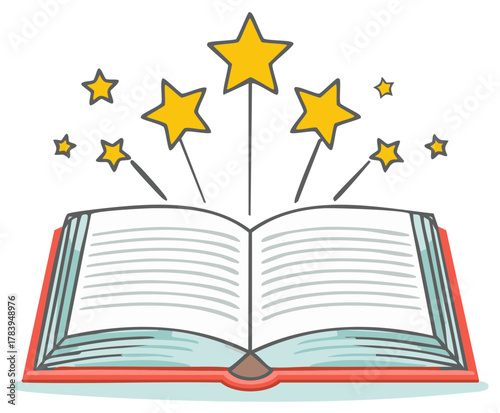 Open Storybook with Magical Stars and Wand emanating from its pages