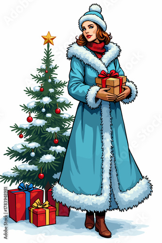 Snow Maiden with presents, festive, wearing a blue coat, standing next to a Christmas tree