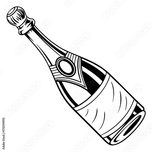 Vector pencil drawing of a tilted champagne bottle, with an emphasis on detailed foil and cork, anticipating an explosion, ready to burst out in golden splashes of pure celebration.