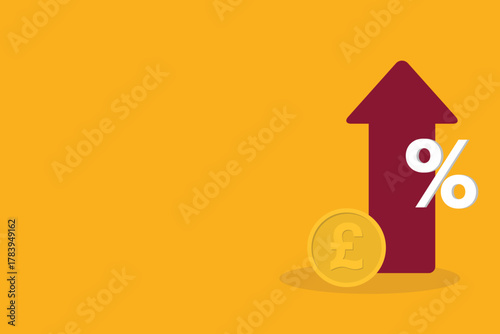 Increased income or revenue, capital gain, increased sales turnover, British pound and arrow with percentage sign	