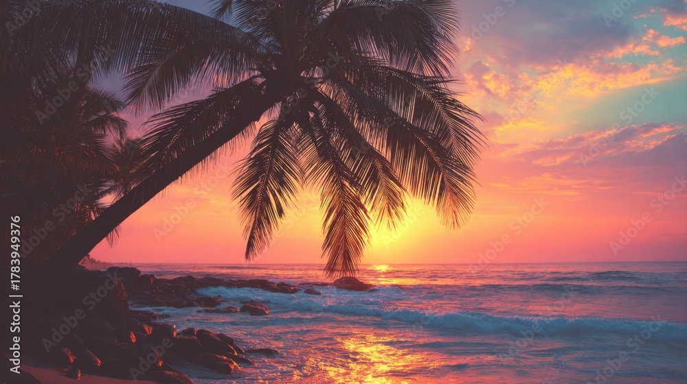 Obraz premium Sunset casts vibrant colors across the sky and ocean, creating a serene atmosphere. Palm trees frame the scene as gentle waves lap at the shore, inviting peace and reflection.