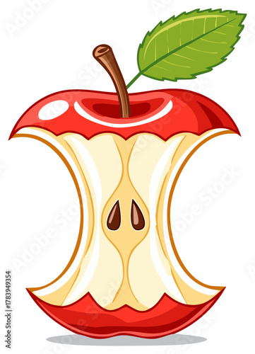 Vibrant red apple core with stem and green leaf showing seeds cartoon illustration