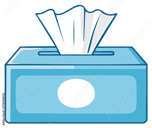 Blue facial tissue box with a single white tissue pulled out illustration
