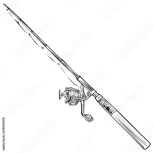 Fishing pole with spinning reel sketch illustration for outdoor recreational angling sport and hobbies