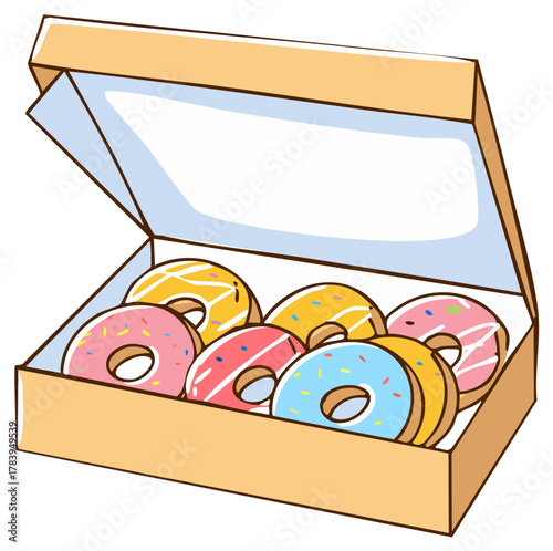 Assorted Doughnuts in a Box, Colorful Icing, and Sprinkles; Dessert Illustration