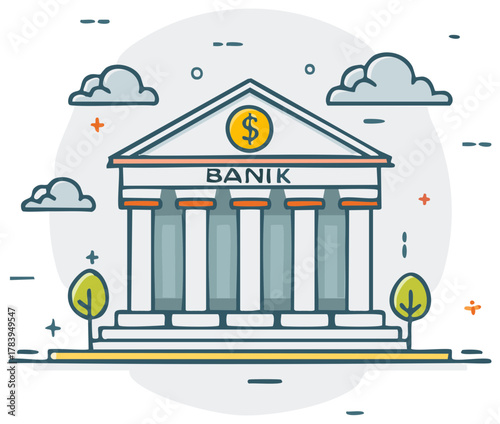 Modern cartoon outline illustration of a financial institution building with dollar sign, representing banking and economics.