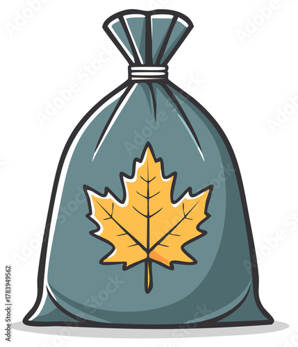 Cartoon illustration of a full yard waste bag with a maple leaf symbol for autumn cleanup