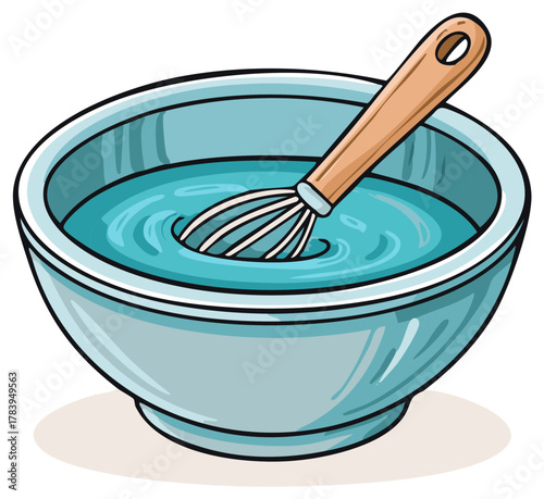 Stylized kitchen whisk in a light blue mixing bowl with vibrant liquid