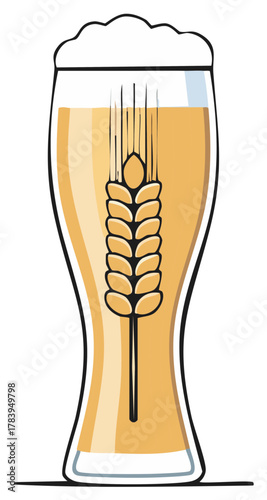 Illustrative beer glass with wheat stalk and foamy head graphic element