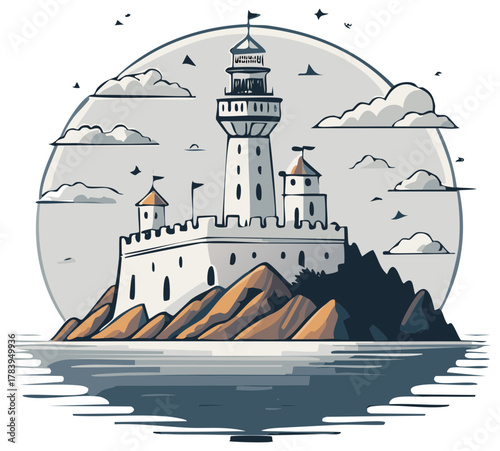 Iconic lighthouse castle fortress on rocky island with ocean and clouds