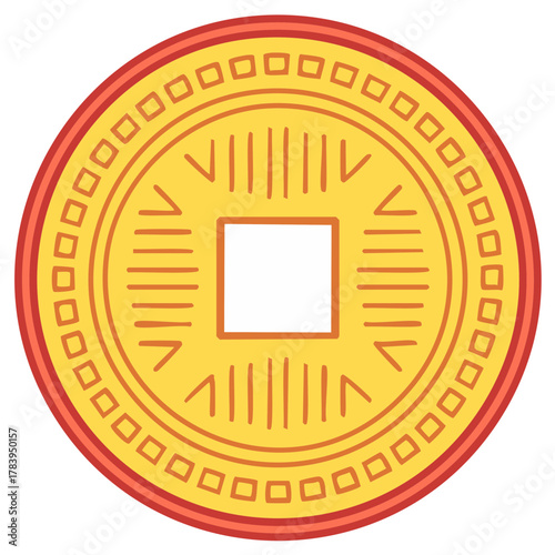 Gold Feng Shui Coin with Red Border Square Hole Ancient Chinese Money Prosperity Symbol Asian Currency Coins