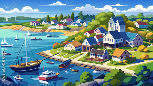 Very beautiful aerial view of Cohasset Cove in Cohasset, Massachusetts, USA, featuring a fishing boat in the harbor, calm blue water, coastal homes, and a realistic serene New England shoreline atmosp