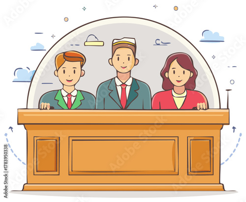 Three smiling people in formal attire stand behind a wooden podium in a courtroom setting