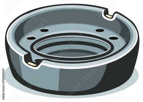 Cartoon illustration of a gray ashtray with a circular design isolated on a white background