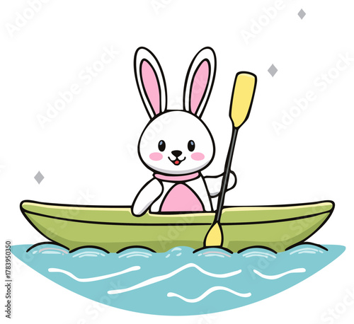 A cute cartoon rabbit character paddles a green kayak on the water, enjoying an outdoor adventure