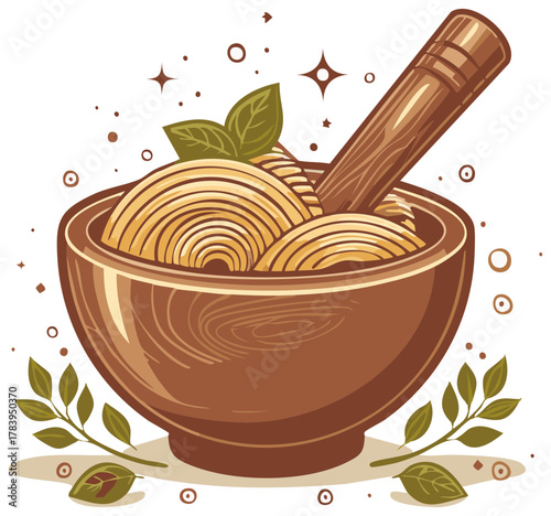 Noodle bowl with chopsticks and fresh basil leaves illustration